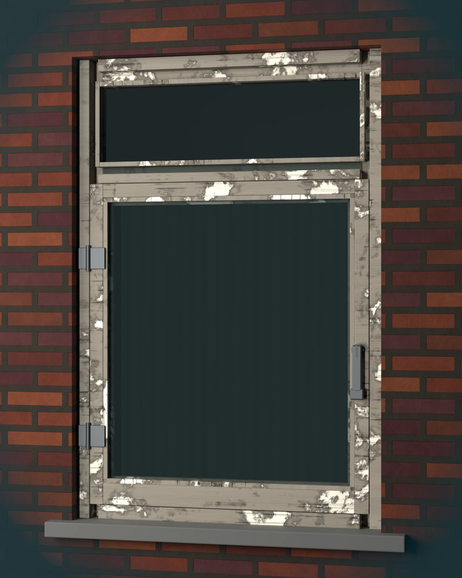 Verweerd houten kozijn in een bakstenen muur, voor het schilderen