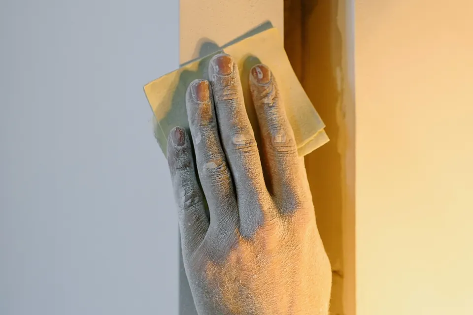 Hand met schuurpapier tegen een houten stijl